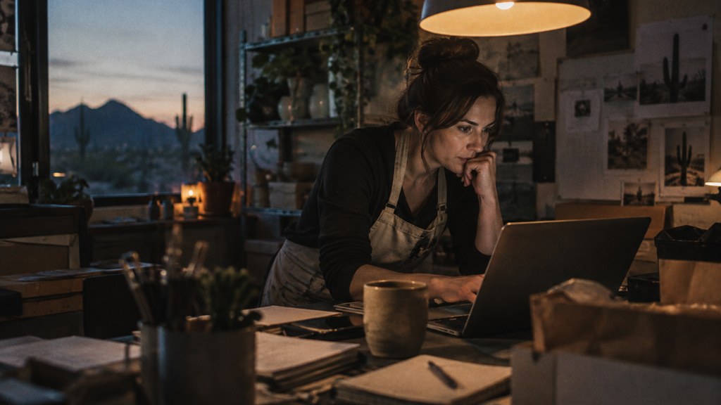 A small-business owner in an apron leaning over a laptop on a cluttered back-office desk late in the day, photographed in Scottsdale