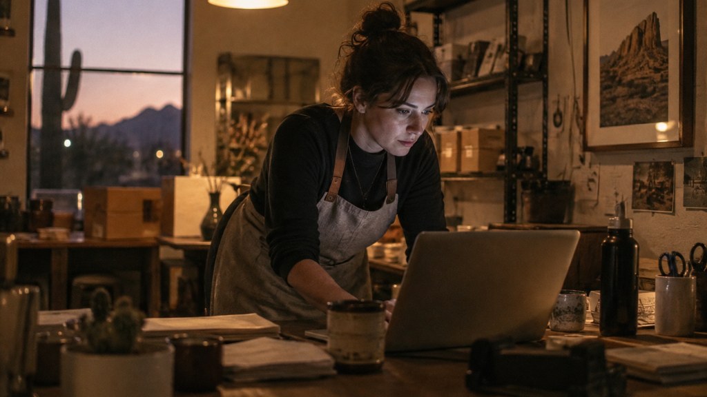 A small-business owner in an apron leaning over a laptop on a cluttered back-office desk late in the day, photographed in Scottsdale