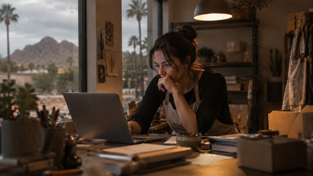 A small-business owner in an apron leaning over a laptop on a cluttered back-office desk late in the day, photographed in Scottsdale
