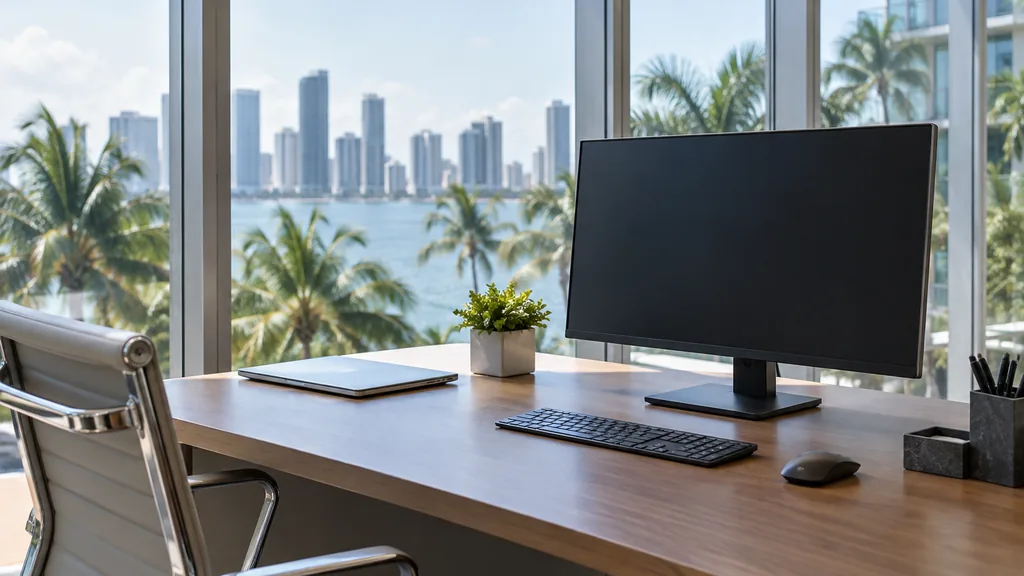 An empty workspace on an empty Miami office desk beside a blank monitor, a closed laptop and floor-to-ceiling glass with palms outside