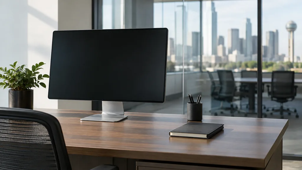 An empty workspace on an empty Dallas office table with a blank monitor, a closed notebook and a glass partition behind it
