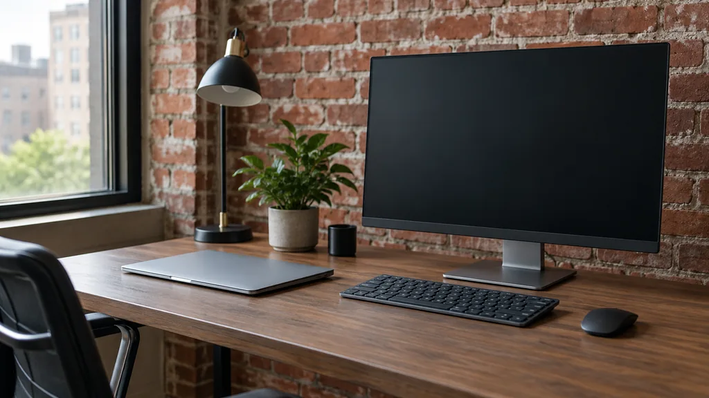 An empty workspace on an empty Boston office desk beside a blank monitor, a closed laptop and a red brick wall behind it