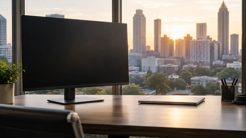 An empty workspace on an empty Atlanta office desk with a blank monitor, a closed laptop and a sunlit window behind it