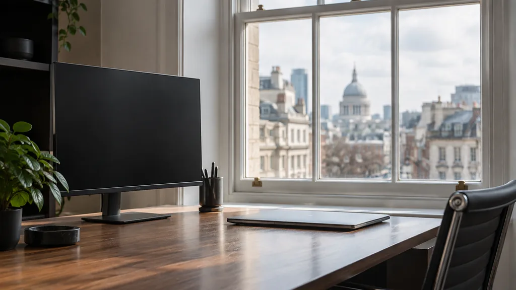 An empty workspace on an empty London office desk beside a blank monitor, a closed laptop and a sash window behind it