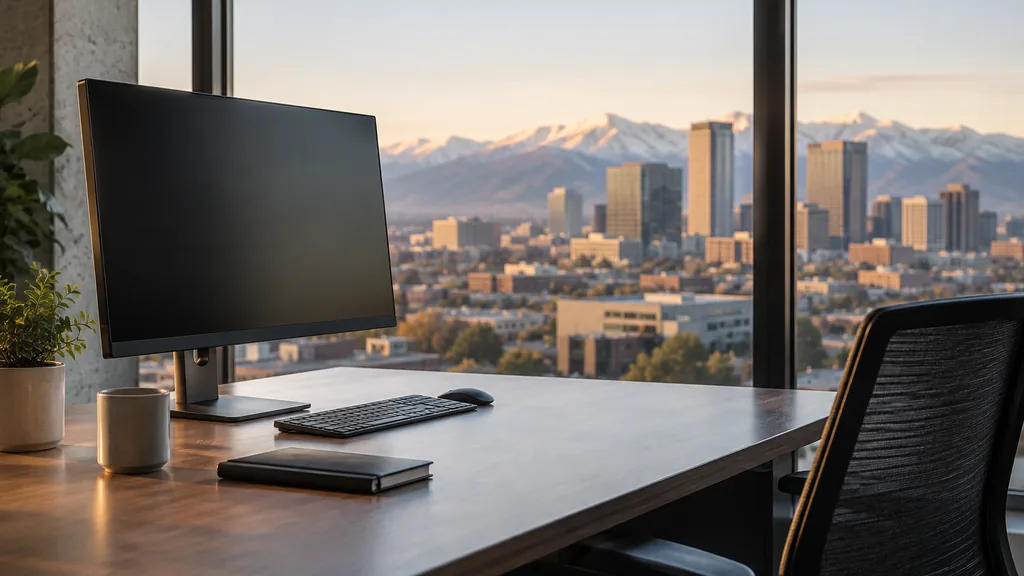 An empty workspace on an empty Denver office table with a blank monitor, a closed notebook and pale mountain light through the window