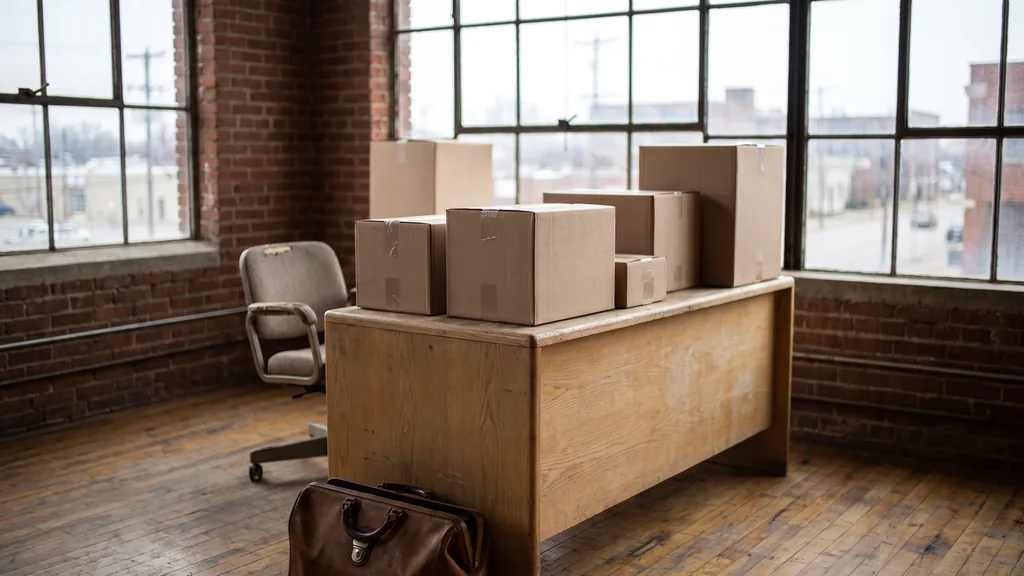 An Indianapolis studio with flat midwestern daylight, unbranded shipping boxes on a pale oak desk