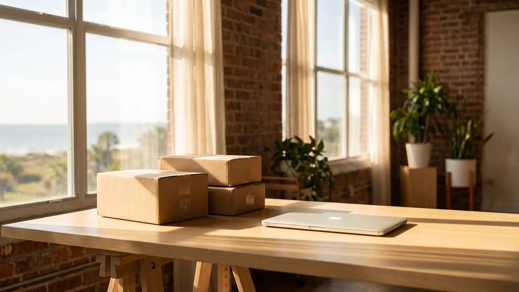A Jacksonville studio with bright coastal light, plain parcels beside a laptop on a light wood desk