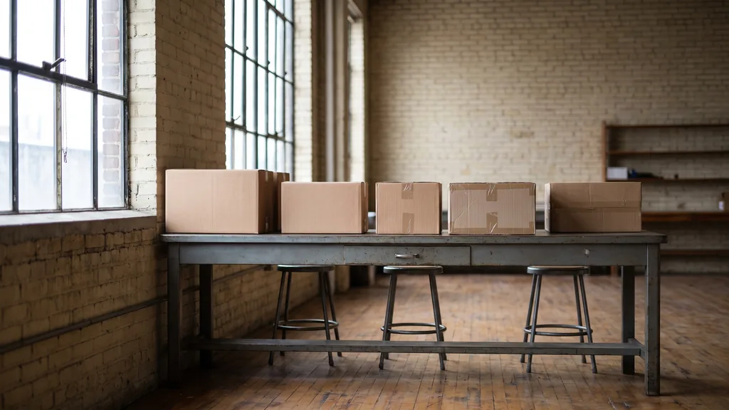 A Milwaukee cream-brick loft studio with cold northern light, unbranded cartons on a steel desk