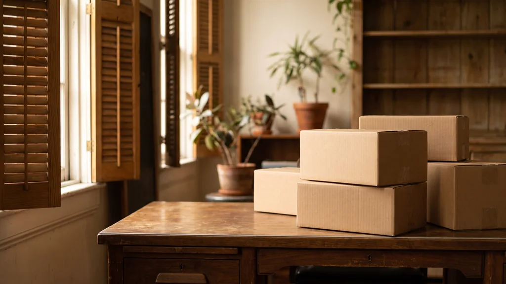 A New Orleans studio with warm humid light through shutters, plain packing boxes on a walnut desk
