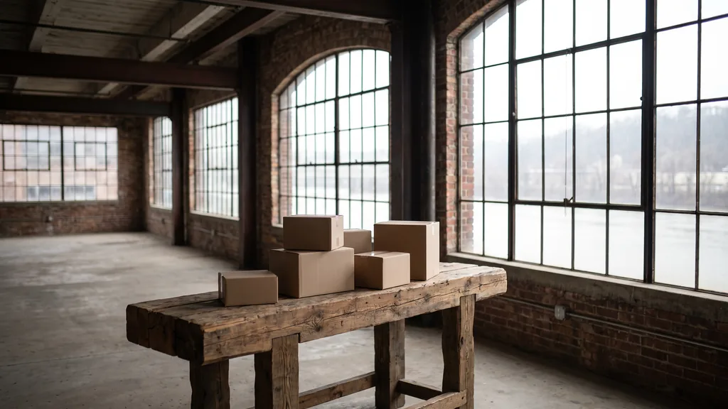 A Pittsburgh converted-warehouse studio with grey river light, unbranded cartons on a reclaimed timber desk