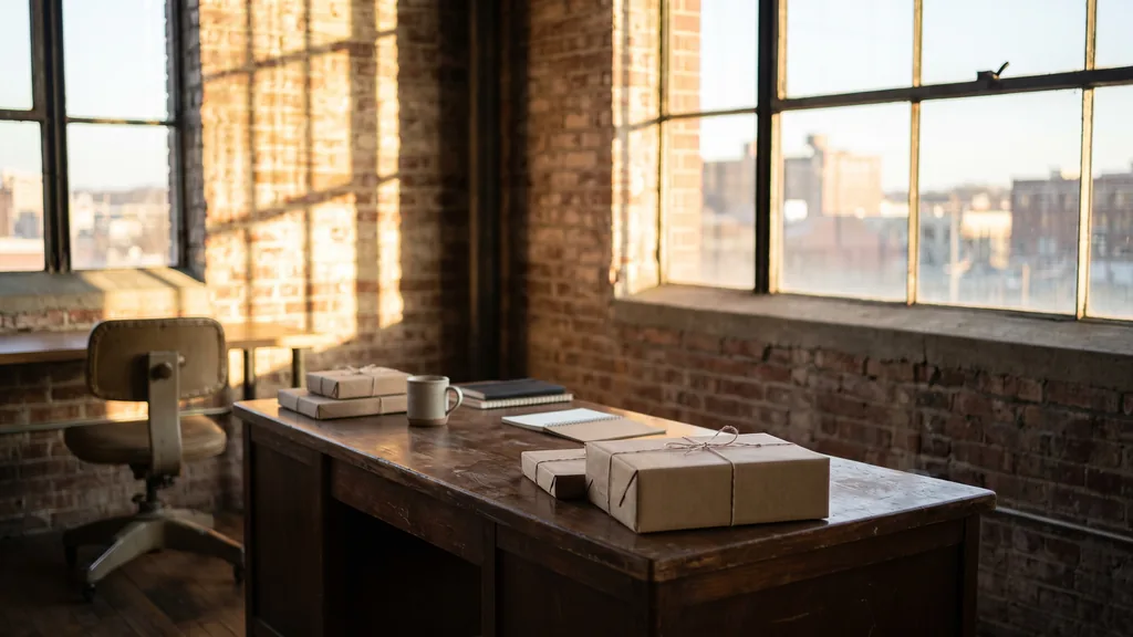 A Cincinnati studio with low valley sunlight on brick, plain parcels on a dark wood desk