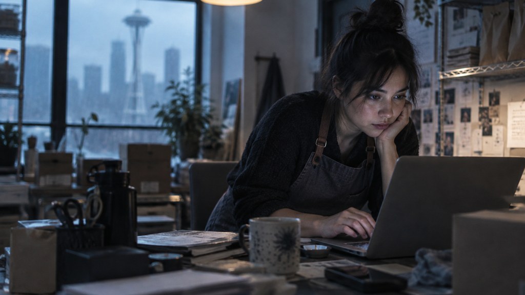A small-business owner in an apron leaning over a laptop on a cluttered back-office desk late in the day, photographed in Seattle