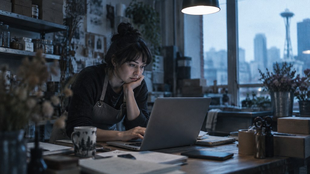 A small-business owner in an apron leaning over a laptop on a cluttered back-office desk late in the day, photographed in Seattle