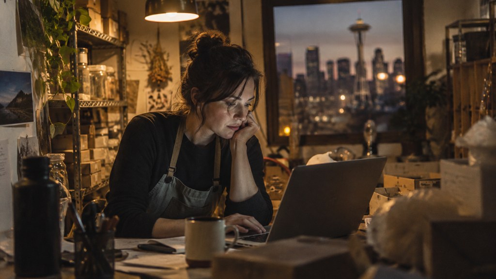 A small-business owner in an apron leaning over a laptop on a cluttered back-office desk late in the day, photographed in Seattle