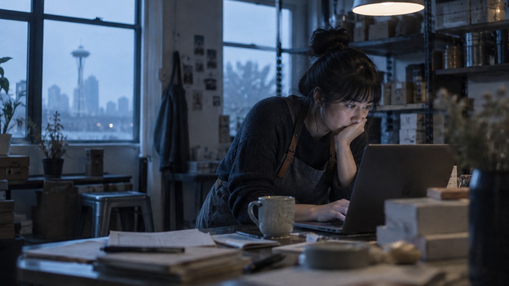 A small-business owner in an apron leaning over a laptop on a cluttered back-office desk late in the day, photographed in Seattle