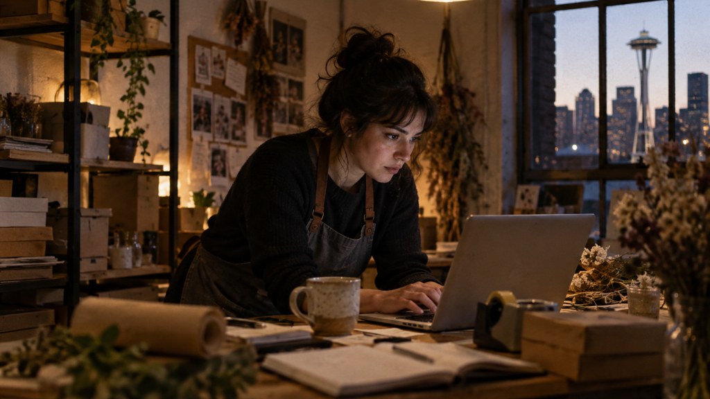 A small-business owner in an apron leaning over a laptop on a cluttered back-office desk late in the day, photographed in Seattle