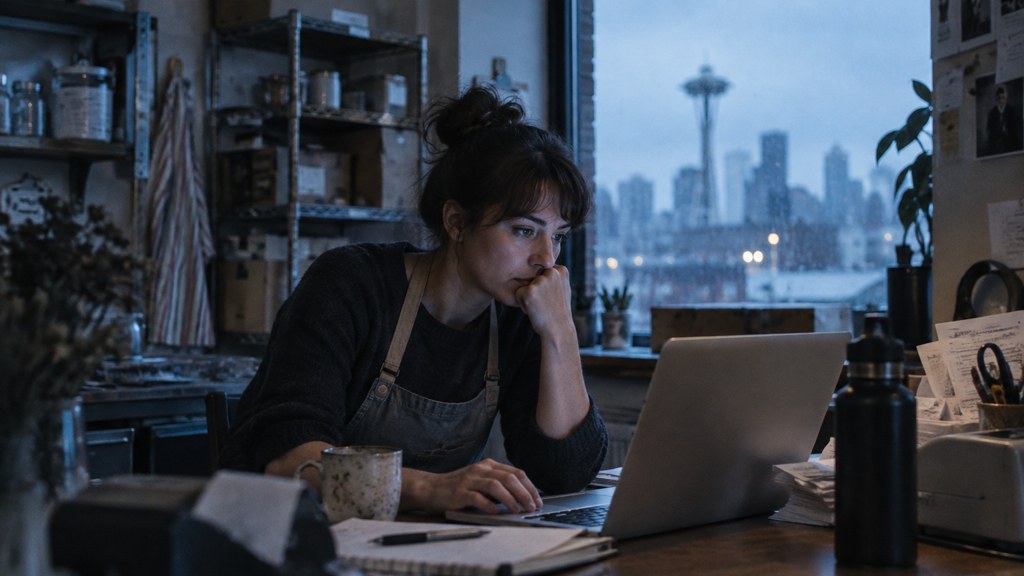 A small-business owner in an apron leaning over a laptop on a cluttered back-office desk late in the day, photographed in Seattle
