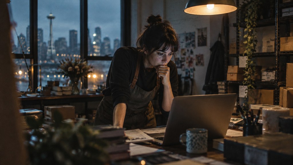 A small-business owner in an apron leaning over a laptop on a cluttered back-office desk late in the day, photographed in Seattle