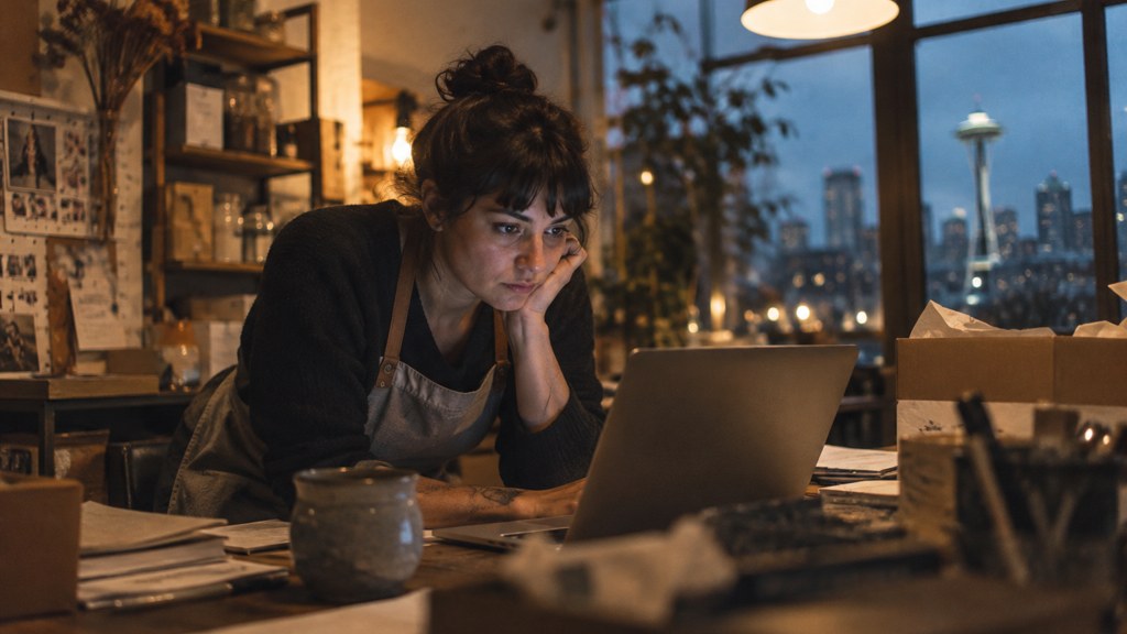 A small-business owner in an apron leaning over a laptop on a cluttered back-office desk late in the day, photographed in Seattle