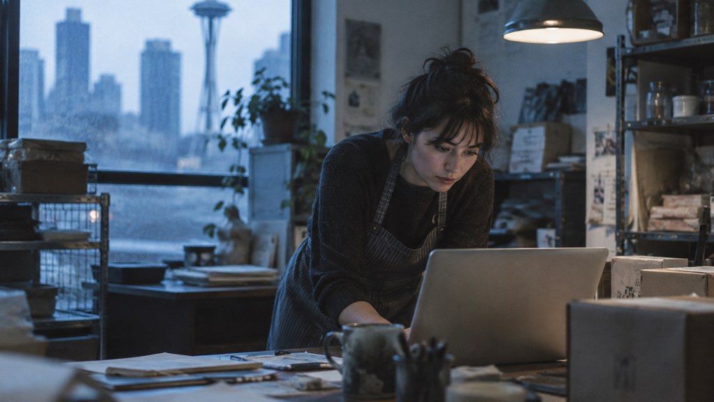 A small-business owner in an apron leaning over a laptop on a cluttered back-office desk late in the day, photographed in Seattle