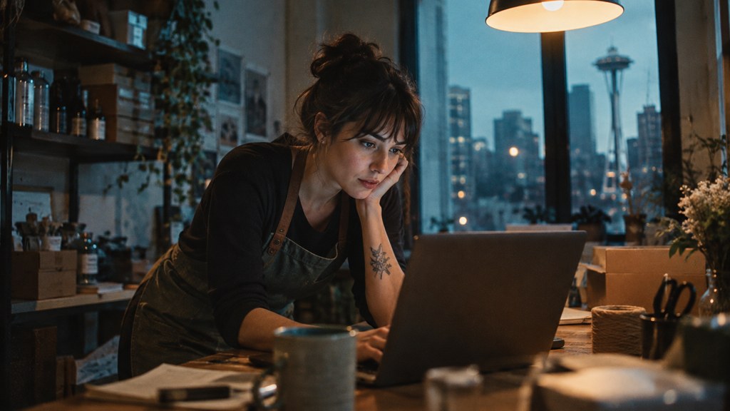 A small-business owner in an apron leaning over a laptop on a cluttered back-office desk late in the day, photographed in Seattle