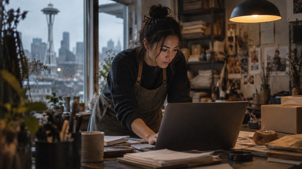 A small-business owner in an apron leaning over a laptop on a cluttered back-office desk late in the day, photographed in Seattle