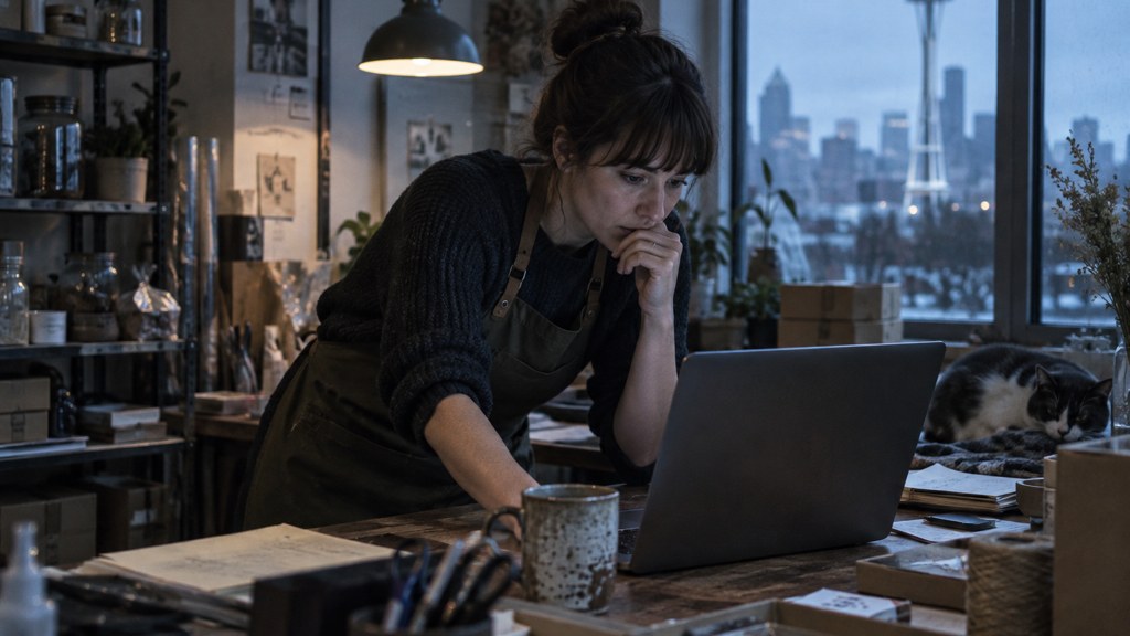 A small-business owner in an apron leaning over a laptop on a cluttered back-office desk late in the day, photographed in Seattle