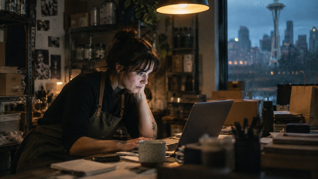 A small-business owner in an apron leaning over a laptop on a cluttered back-office desk late in the day, photographed in Seattle