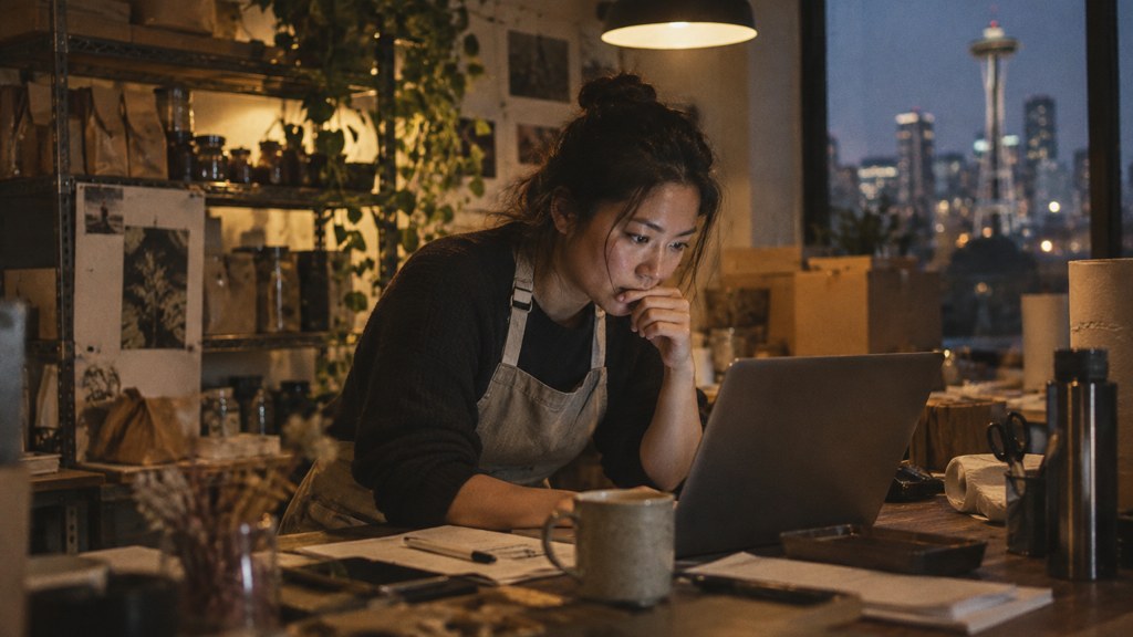 A small-business owner in an apron leaning over a laptop on a cluttered back-office desk late in the day, photographed in Seattle