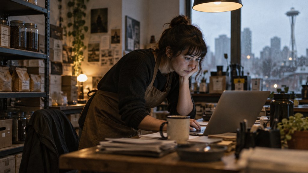 A small-business owner in an apron leaning over a laptop on a cluttered back-office desk late in the day, photographed in Seattle