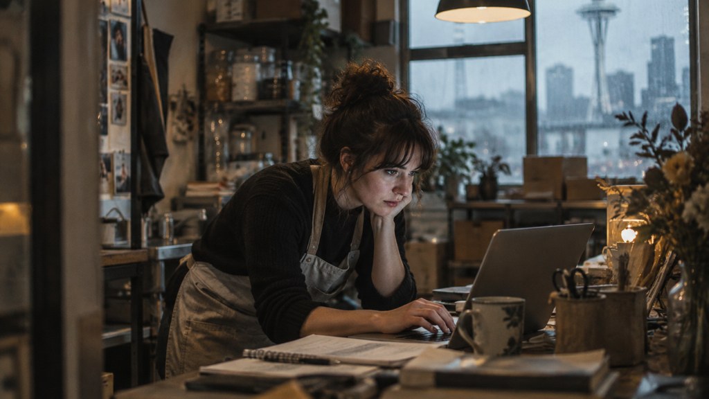 A small-business owner in an apron leaning over a laptop on a cluttered back-office desk late in the day, photographed in Seattle