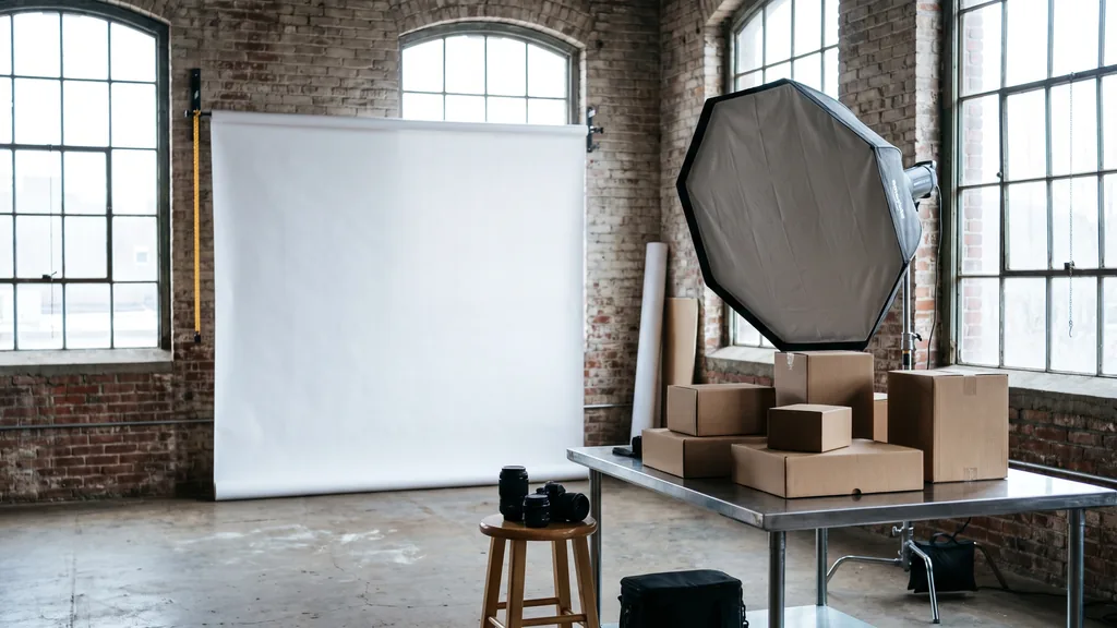 A Providence mill-building photo studio with cold northern light, a seamless white sweep, a softbox and unbranded product boxes on a steel table