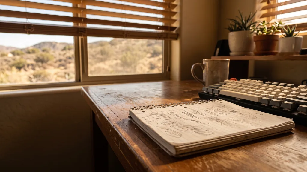 A small Santa Clarita studio office with a wide desk, an open notebook of handwritten headline drafts, a keyboard and warm canyon light through a blind