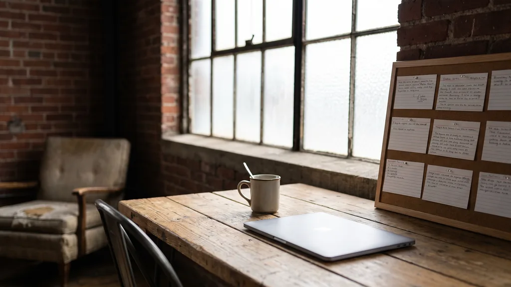A Rochester brick loft writing room with a long wooden desk, a laptop closed beside a mug, index cards pinned to a board and cold northern light