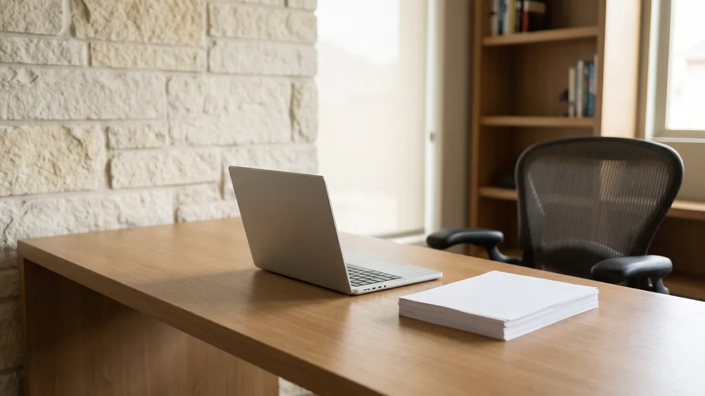 A quiet Plano office writing room with a pale limestone wall, a wide desk, a laptop, a stack of printed page drafts and flat afternoon light