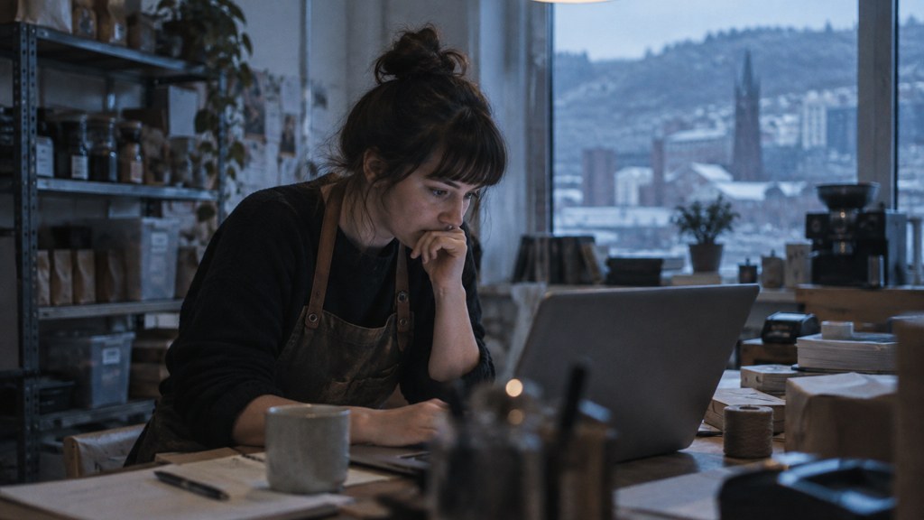 A small-business owner in an apron leaning over a laptop on a cluttered back-office desk late in the day, photographed in Sheffield
