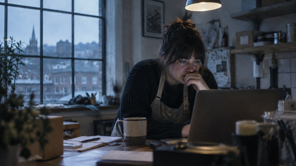 A small-business owner in an apron leaning over a laptop on a cluttered back-office desk late in the day, photographed in Sheffield