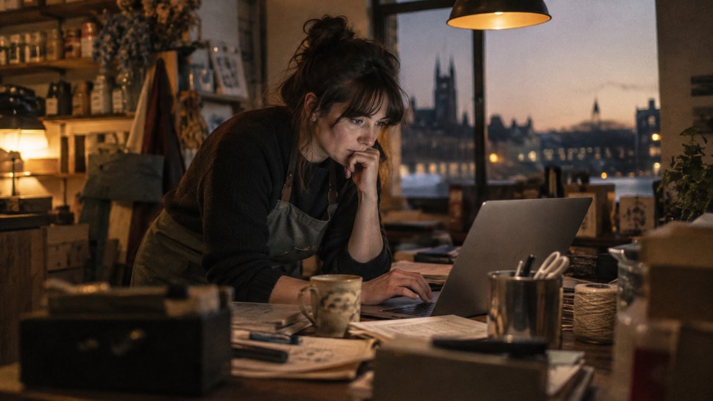 A small-business owner in an apron leaning over a laptop on a cluttered back-office desk late in the day, photographed in Sheffield