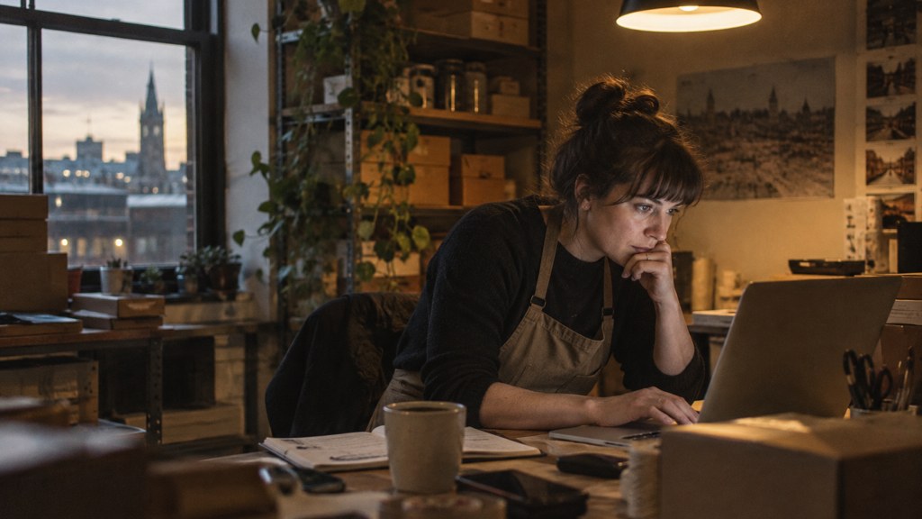 A small-business owner in an apron leaning over a laptop on a cluttered back-office desk late in the day, photographed in Sheffield