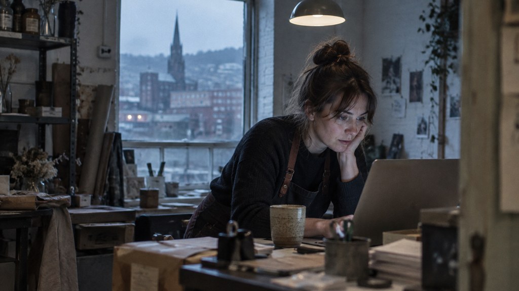 A small-business owner in an apron leaning over a laptop on a cluttered back-office desk late in the day, photographed in Sheffield