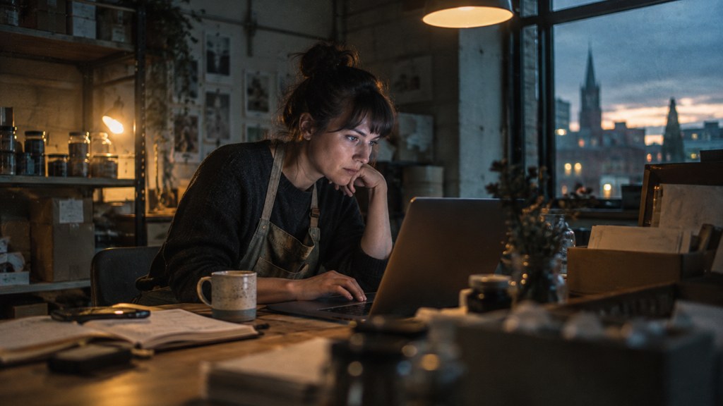 A small-business owner in an apron leaning over a laptop on a cluttered back-office desk late in the day, photographed in Sheffield