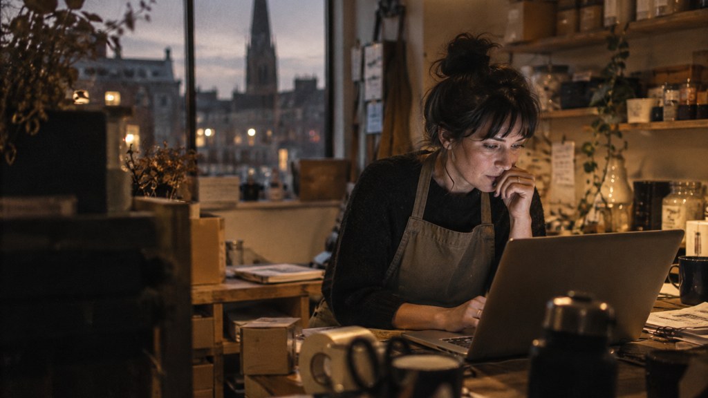 A small-business owner in an apron leaning over a laptop on a cluttered back-office desk late in the day, photographed in Sheffield