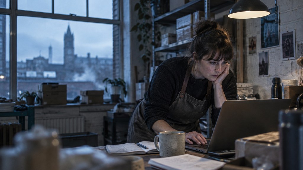 A small-business owner in an apron leaning over a laptop on a cluttered back-office desk late in the day, photographed in Sheffield