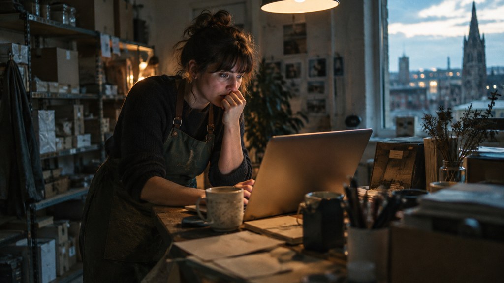 A small-business owner in an apron leaning over a laptop on a cluttered back-office desk late in the day, photographed in Sheffield