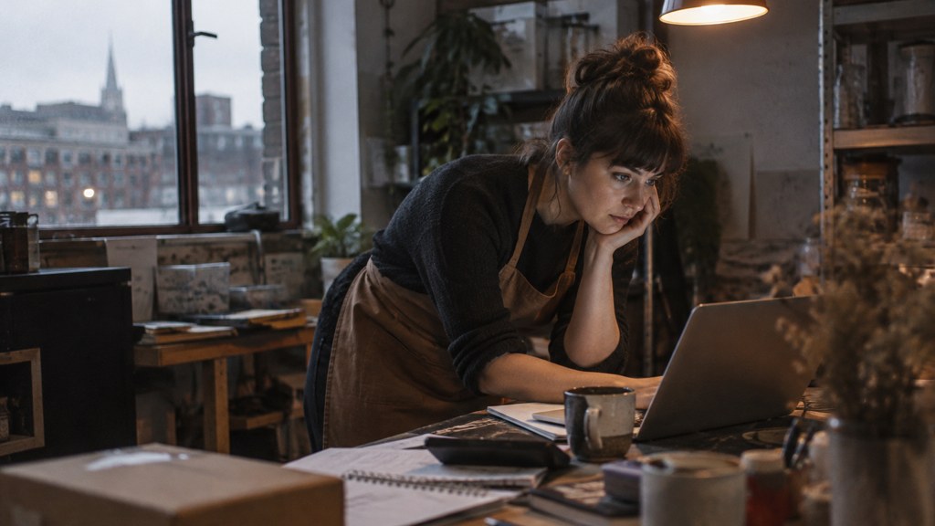 A small-business owner in an apron leaning over a laptop on a cluttered back-office desk late in the day, photographed in Sheffield