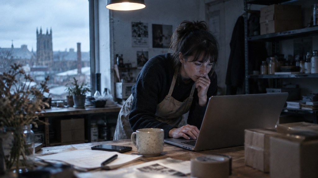 A small-business owner in an apron leaning over a laptop on a cluttered back-office desk late in the day, photographed in Sheffield
