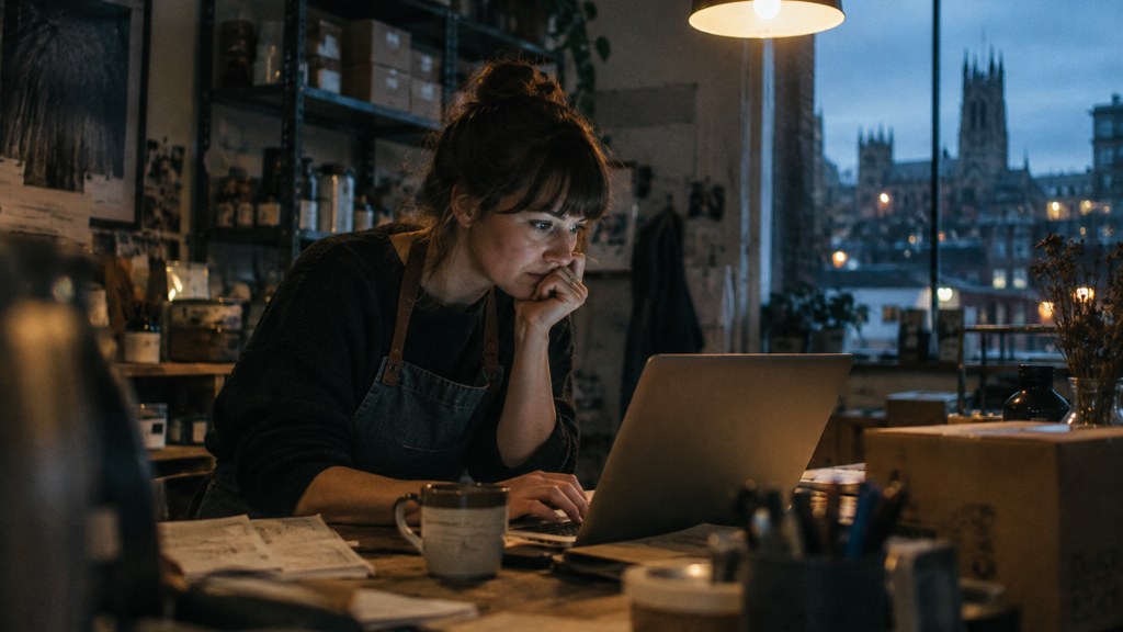 A small-business owner in an apron leaning over a laptop on a cluttered back-office desk late in the day, photographed in Sheffield