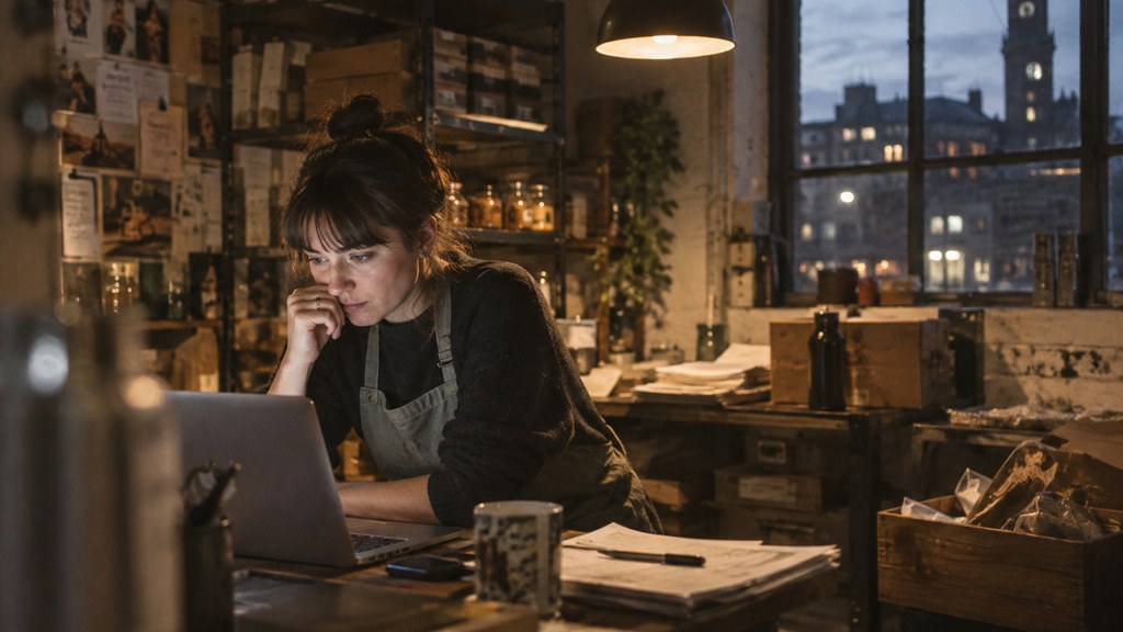 A small-business owner in an apron leaning over a laptop on a cluttered back-office desk late in the day, photographed in Sheffield