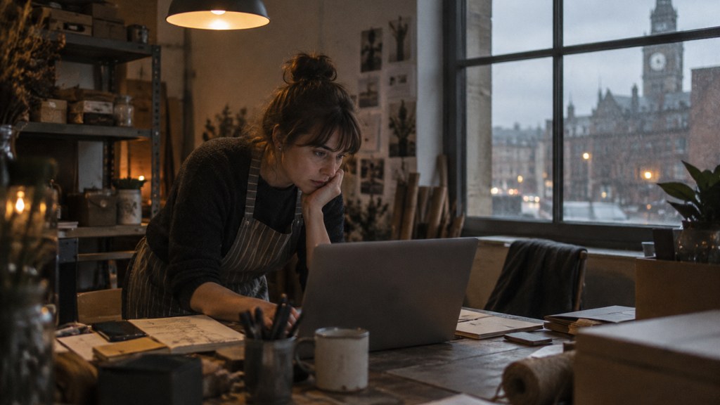 A small-business owner in an apron leaning over a laptop on a cluttered back-office desk late in the day, photographed in Sheffield