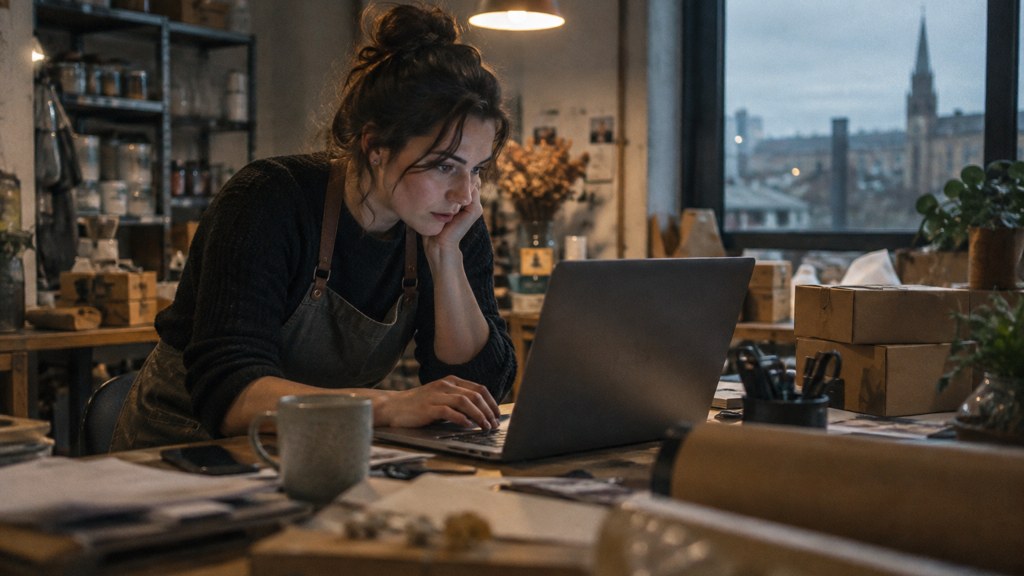 A small-business owner in an apron leaning over a laptop on a cluttered back-office desk late in the day, photographed in Sheffield